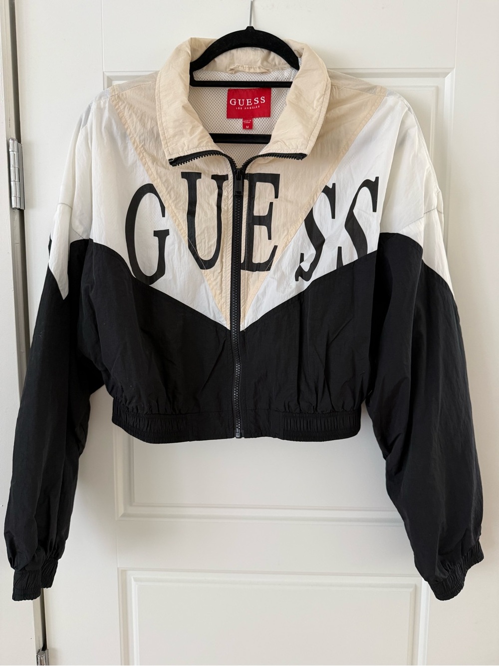 GUESS Women's Colorblock Cropped Windbreaker Jacket in Black & Cream